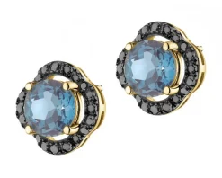 Apart Kolczyki z żółtego złota z czarnymi brylantami i topazami London Blue - próba 585< Kolczyki Z Diamentami