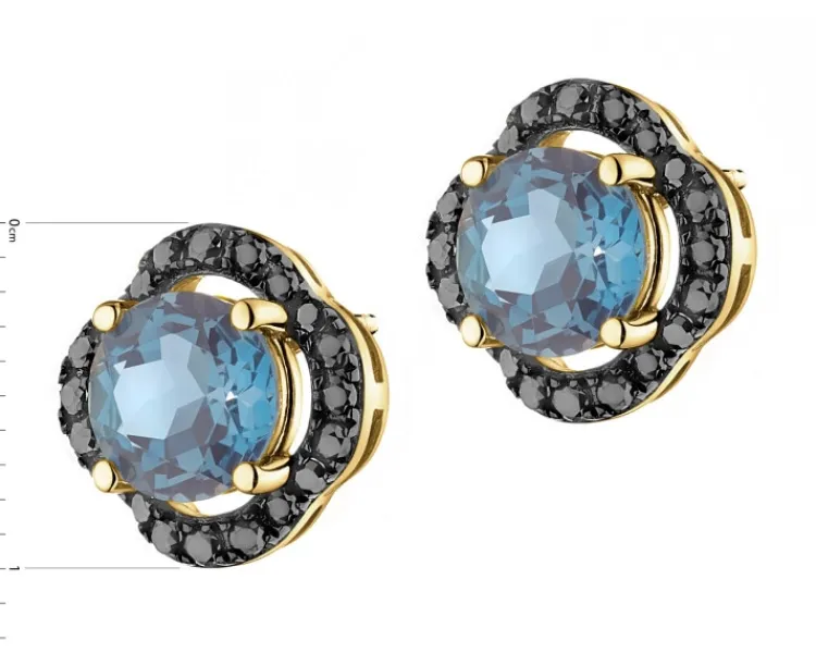 Apart Kolczyki z żółtego złota z czarnymi brylantami i topazami London Blue - próba 585< Kolczyki Z Diamentami