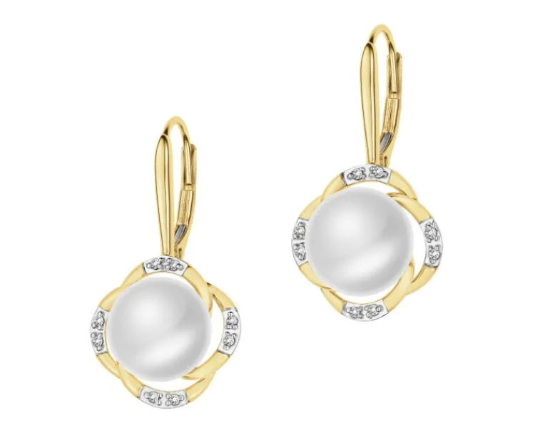 Clearance Apart Kolczyki z żółtego złota z diamentami i perłami - próba 585