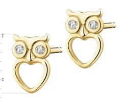 Apart Kolczyki z żółtego złota z diamentami - sowy, serca - 0,01 ct - próba 375