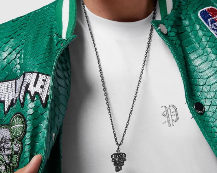 Philipp Plein Naszyjnik ze stali szlachetnej z kryształami - czaszka, korona,< Naszyjniki