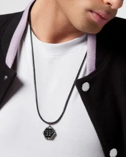 Clearance Philipp Plein Naszyjnik ze stali szlachetnej i skóry z emalią -