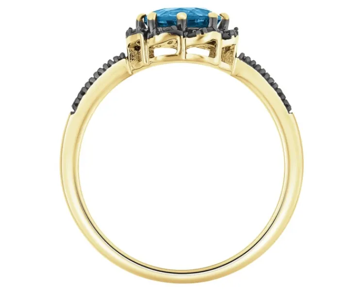 Discount Apart Pierścionek z żółtego złota z czarnymi brylantami i topazem London Blue - próba 585