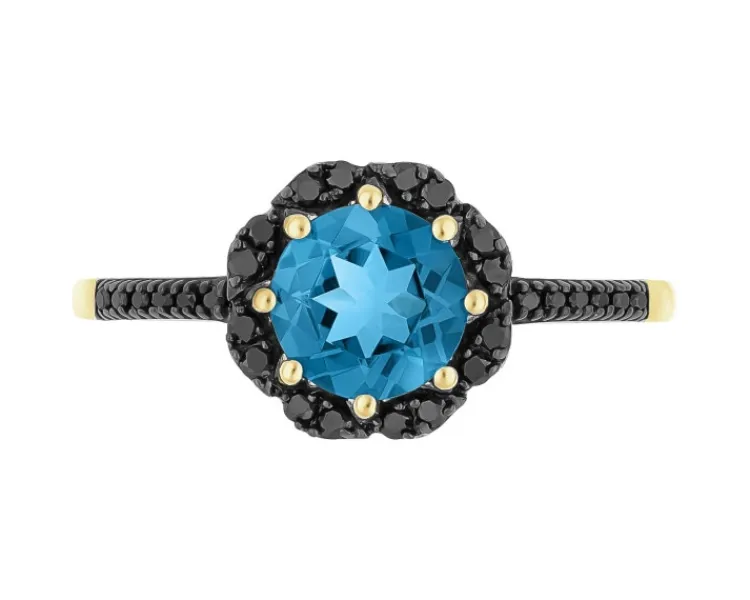 Discount Apart Pierścionek z żółtego złota z czarnymi brylantami i topazem London Blue - próba 585