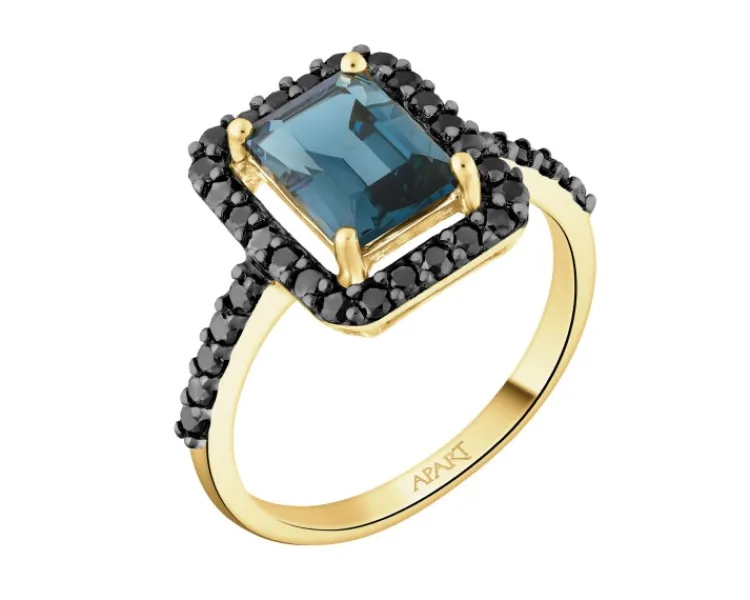 Outlet Apart Pierścionek z żółtego złota z czarnymi brylantami i topazem London Blue - próba 585