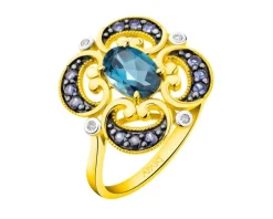 Discount Apart Pierścionek z żółtego złota z diamentami, szafirami i topazem London Blue - próba 585