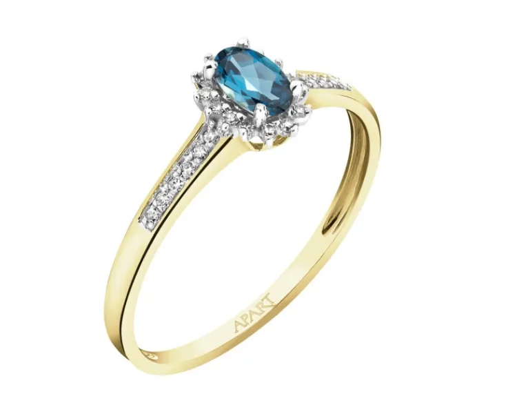 Apart Pierścionek z żółtego złota z diamentami i topazem London Blue - próba 375< Pierścionki