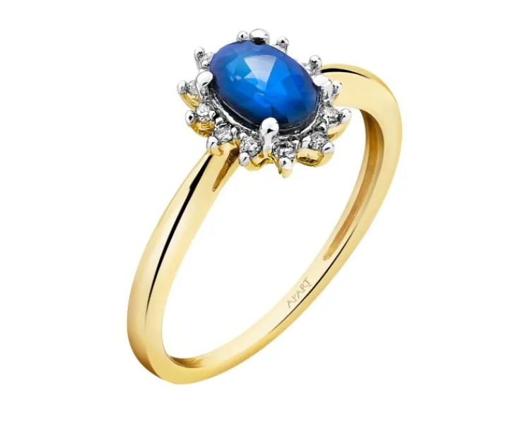 Discount Apart Pierścionek z żółtego złota z diamentami i szafirem - próba 585