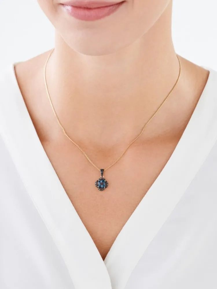 Clearance Apart Zawieszka z żółtego złota z czarnymi brylantami i topazem London Blue - próba 585