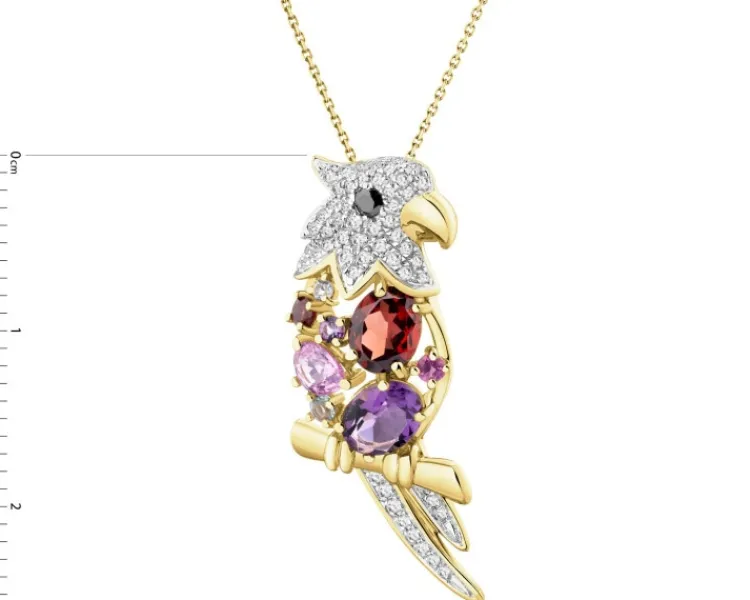Outlet Apart Zawieszka z żółtego złota z diamentami, kamieniami szlachetnymi i ozdobnymi - papuga - 0,14 ct - próba 585